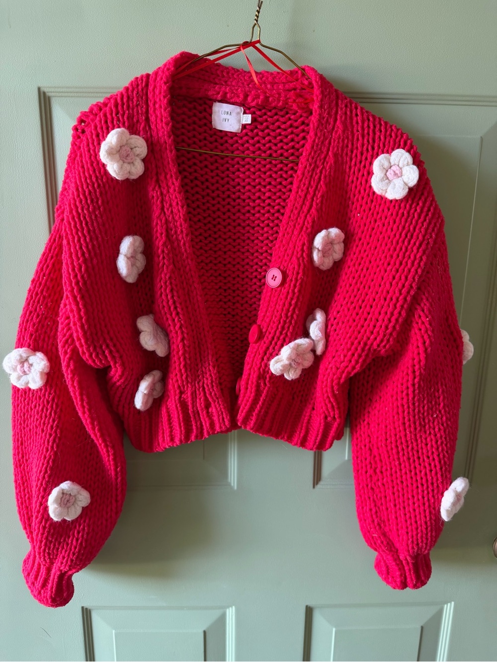 Luna Ivy Red Cropped Chunky Cardigan Sweater with Flower Appliqués